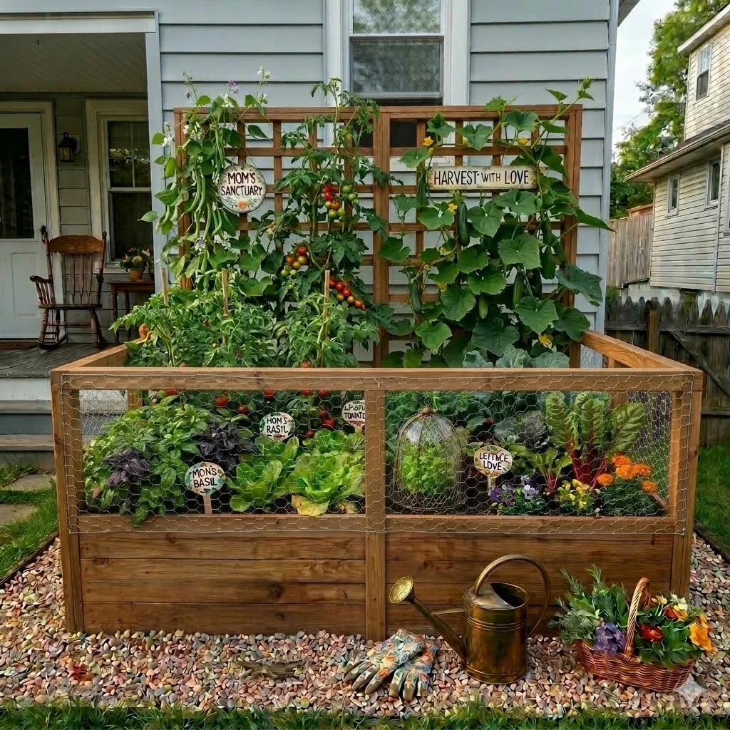 Finished garden cage with trellis, planted with tomatoes, basil, lettuce, and climbing vines — Mom's Sanctuary